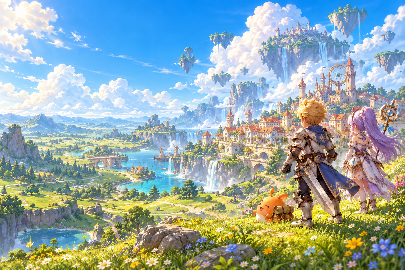 Knight, mage, and a little orange companion in a field of flowers